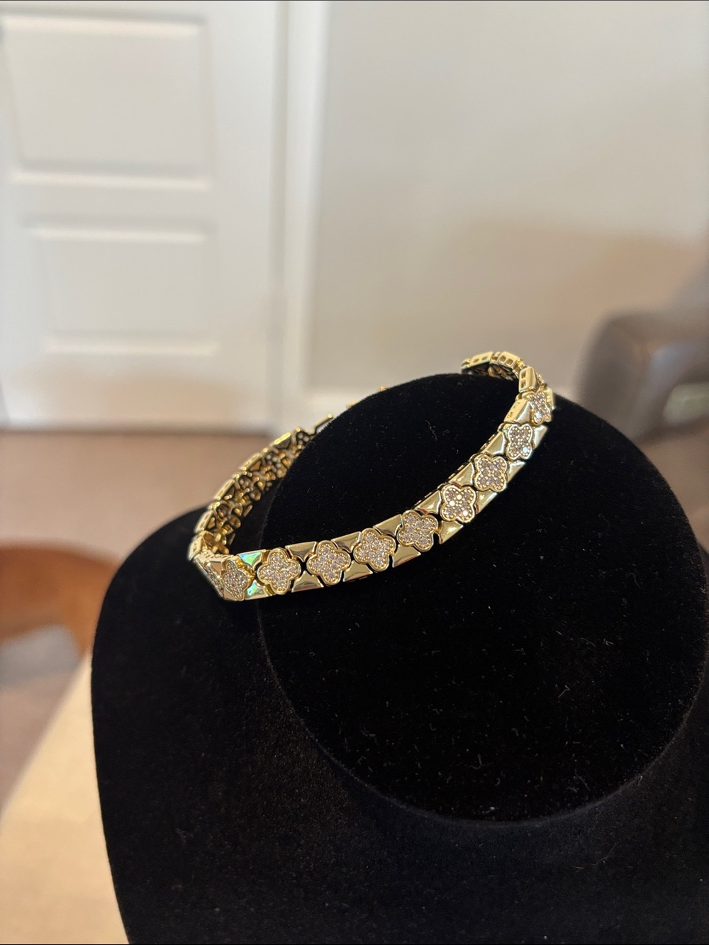Gold Tone Clover Link Bracelet - Elegant Pavé Chain